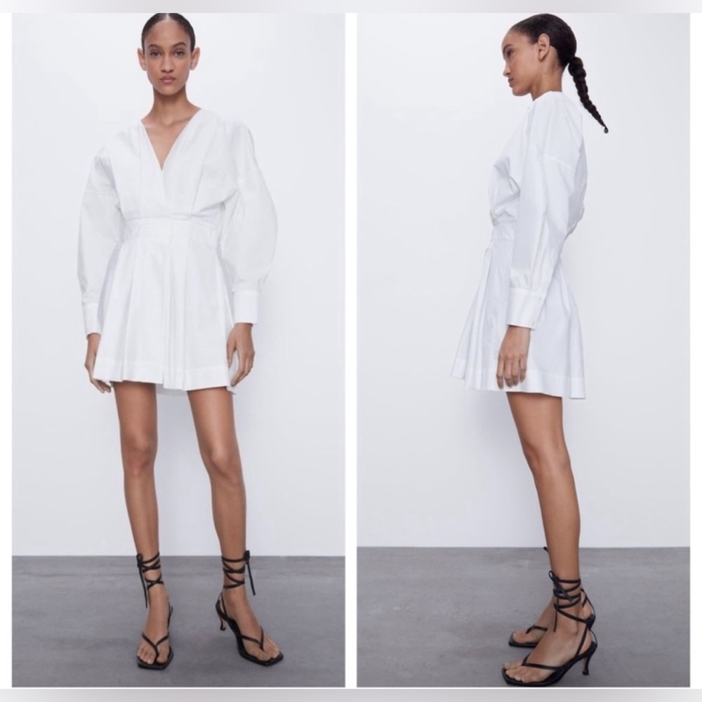 ZARA V-Neck Crossed pleated White mini cotton long sleeve Shirt Dress XS NWT - Picture 3 of 16